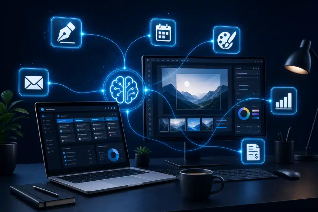 Modern agency workspace with laptop and monitor showing project management and design tools with AI icons for writing, calendar, email, analytics, and invoicing, AI tools for small agencies, AI Tools For Small Agencies