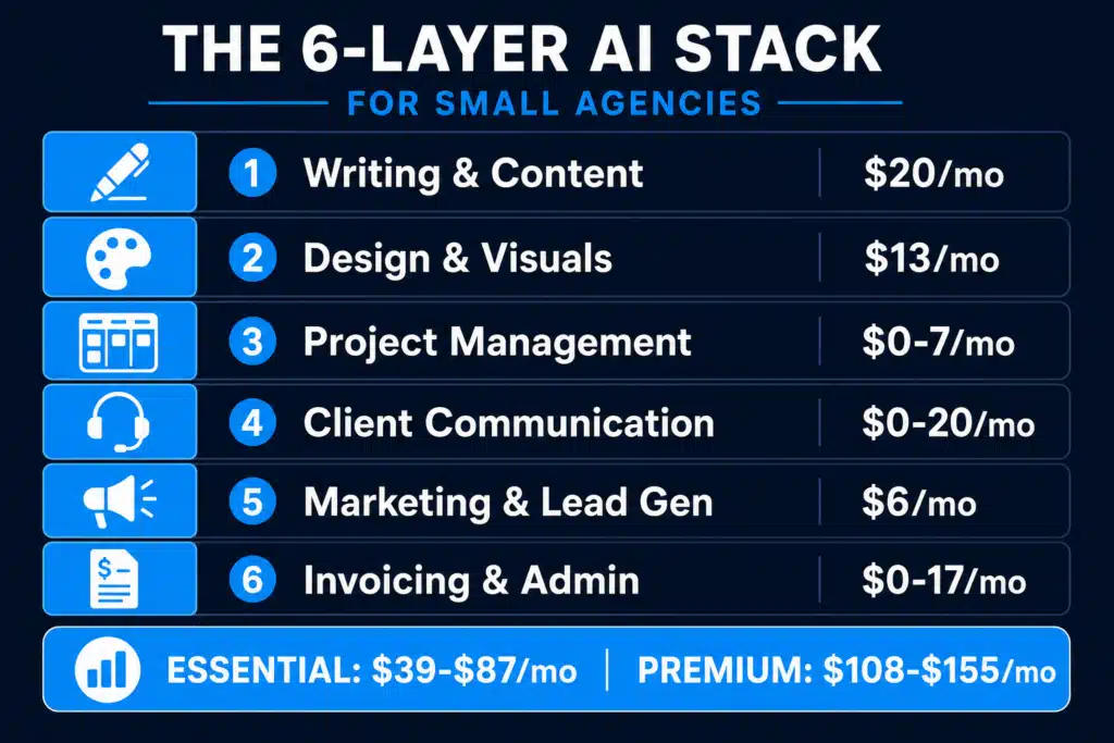 Complete six-layer AI stack for small agencies with tools and monthly costs showing essential $39-87 and premium $108-155 per month, AI tools for small agencies, AI Tools For Small Agencies