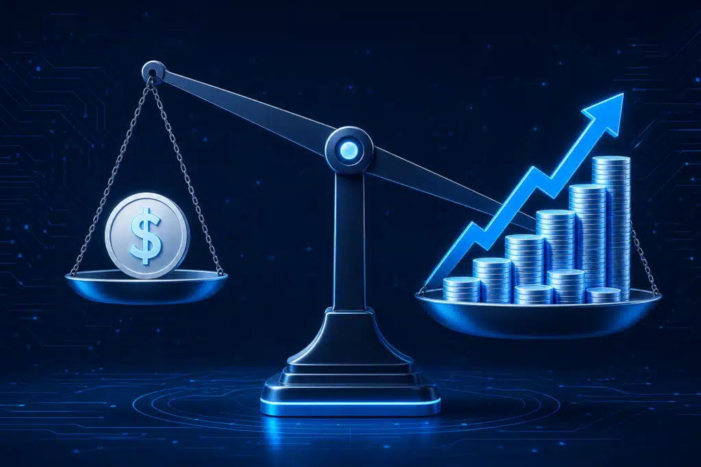 Scale showing AI investment cost versus returns for small business ROI analysis