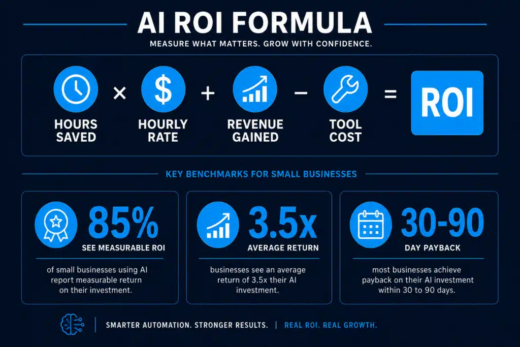 AI ROI formula for small business showing hours saved times hourly rate plus revenue gained minus tool cost equals ROI with key benchmarks