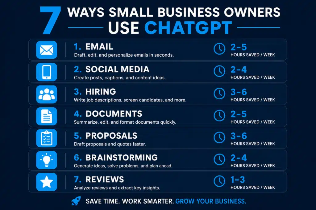 Seven ways small business owners use ChatGPT including email, social media, hiring, documents, proposals, brainstorming, and reviews with hours saved per week