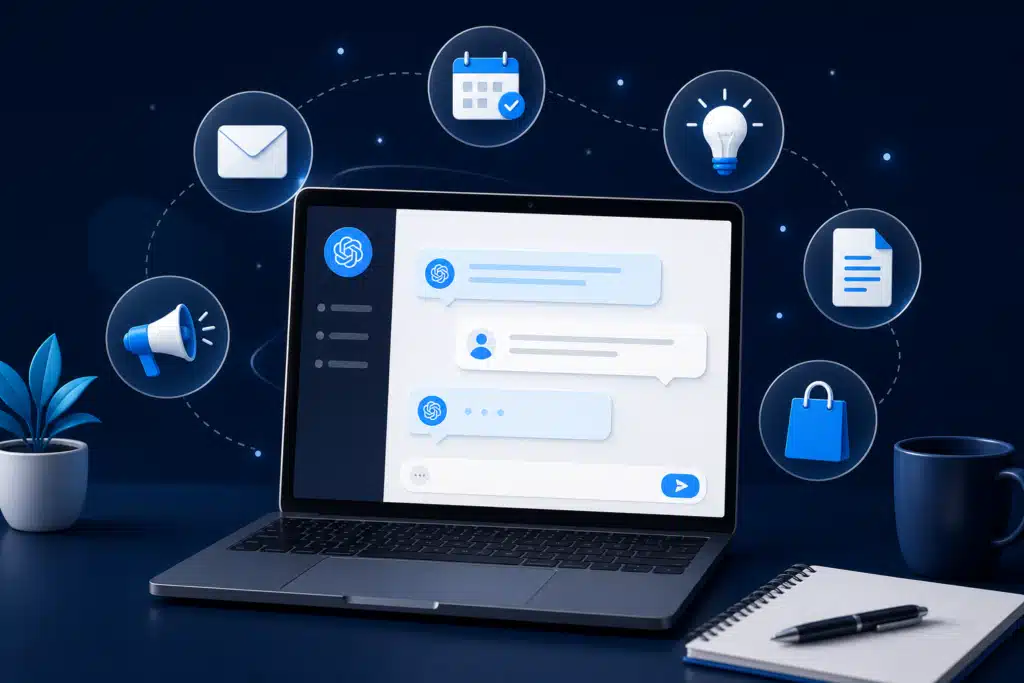 ChatGPT interface on laptop surrounded by business task icons for email, calendar, documents, and marketing, ChatGPT for Small Business Owners