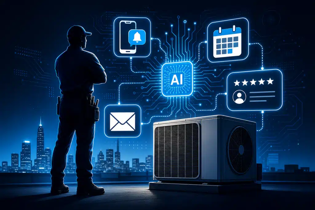 HVAC technician silhouette with AI-connected icons for scheduling, email, reviews, and automation