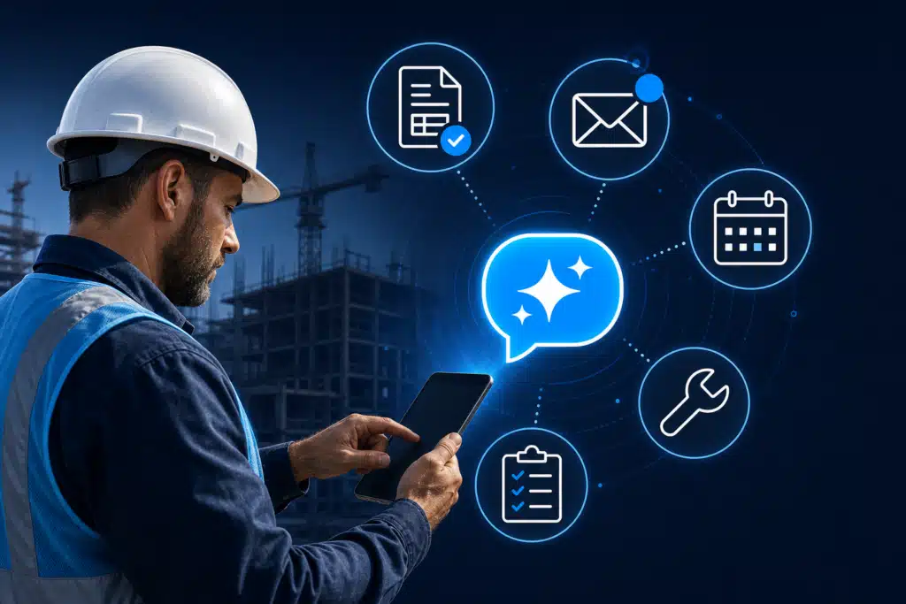 Contractor with hard hat using AI on smartphone with business task icons for estimates, email, and scheduling, 10 ChatGPT Prompts Every Contractor Should Use