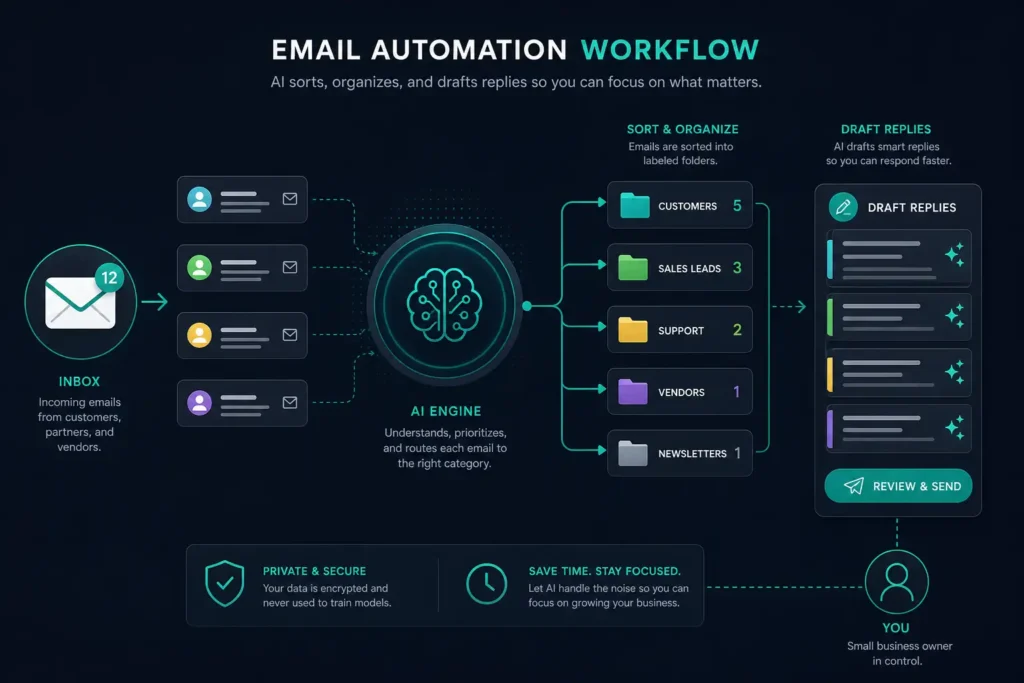 AI admin tasks for email showing automated sorting and response drafting workflow