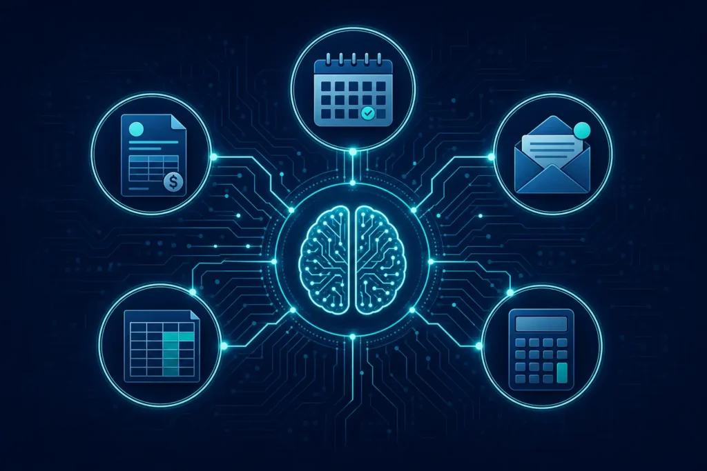 AI admin tasks dashboard showing automated invoicing scheduling and email management for small business