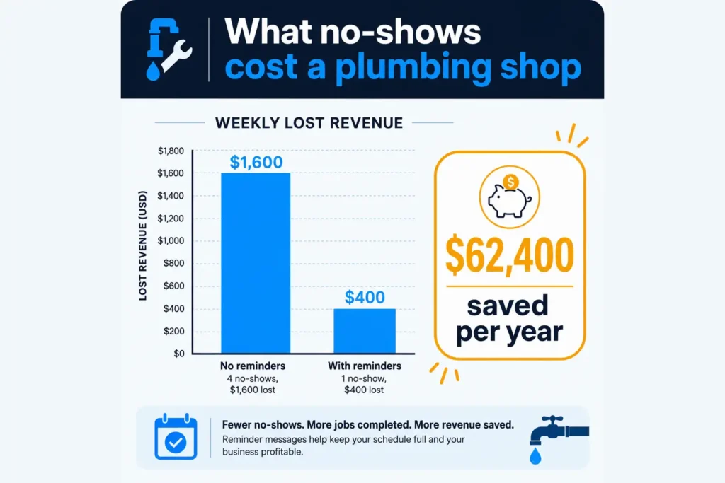 AI appointment reminders for plumbers chart showing no-show revenue lost with and without an automated reminder sequence