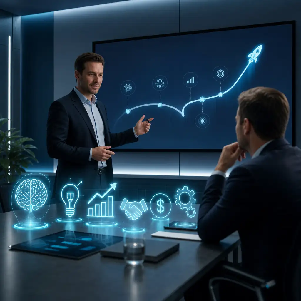 AI consulting business professional presenting AI strategy dashboard to small business client in modern office