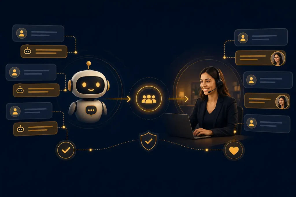AI customer service for small business showing chatbot handling common inquiries while owner focuses on personal client interactions