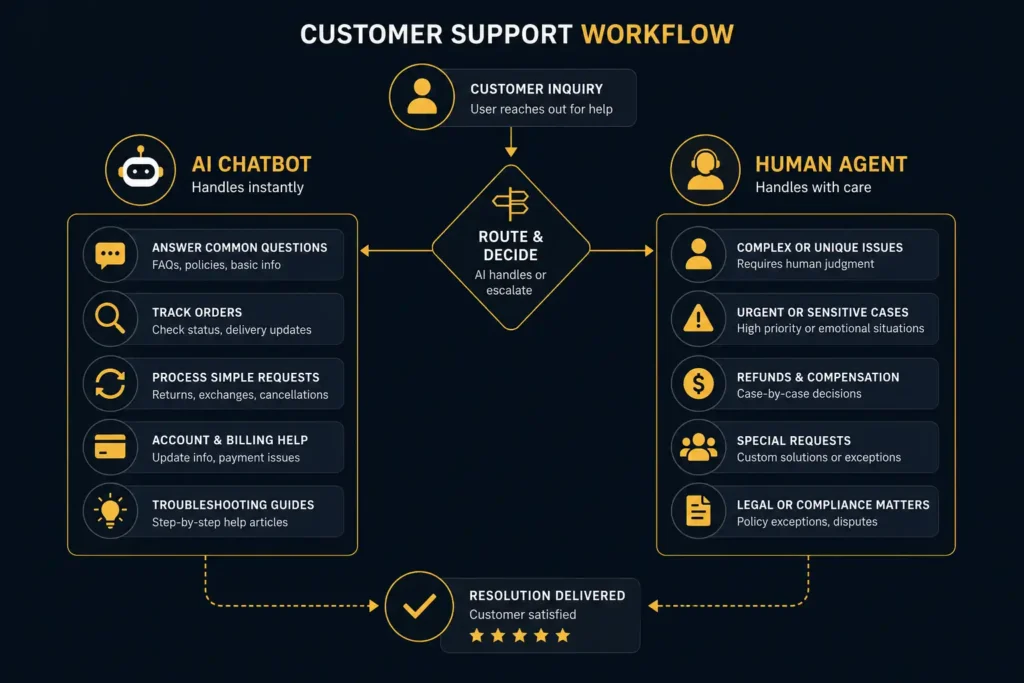AI customer service for small business workflow showing which tasks AI handles versus human agents