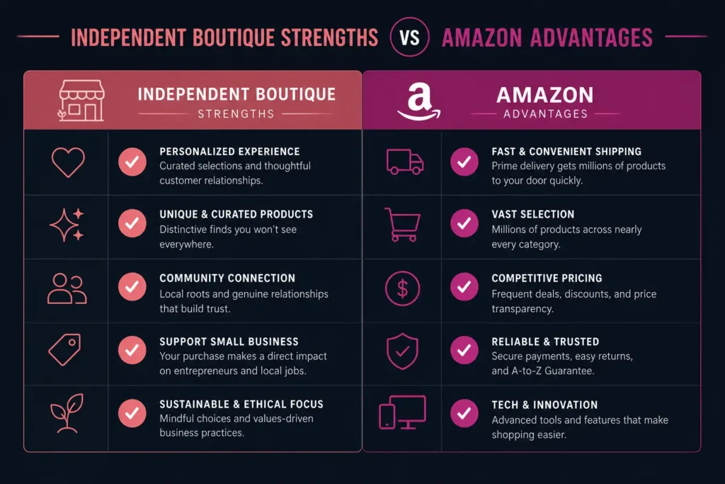 AI for boutique owners comparison chart showing boutique strengths versus Amazon advantages