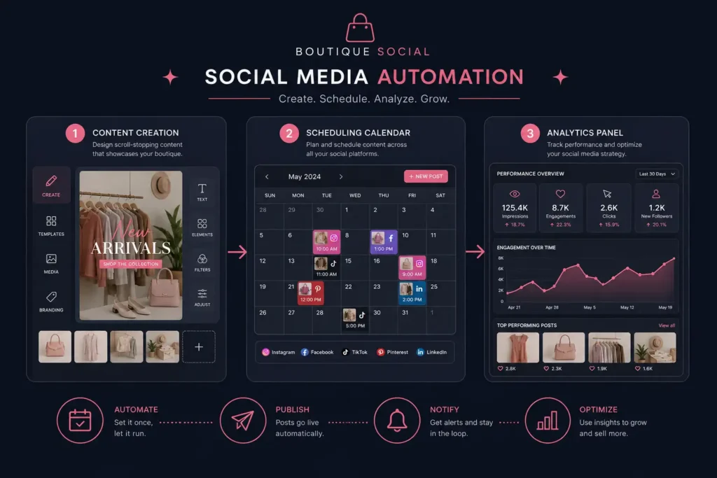 AI for boutique owners social media automation workflow showing content creation scheduling and analytics
