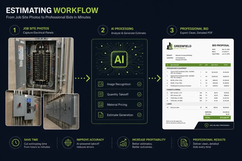 AI for electricians estimating workflow showing automated bid generation from job photos to professional PDF proposal