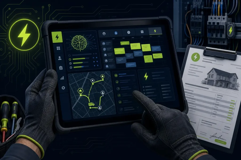 AI for electricians showing automated bid generation scheduling optimization and dispatch management on a tablet at a job site