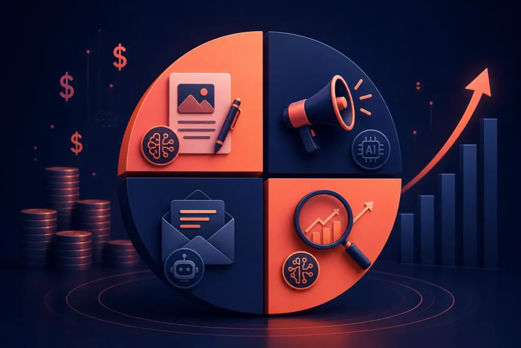 AI marketing on a budget playbook showing $500 monthly allocation across tools content and ads for small business