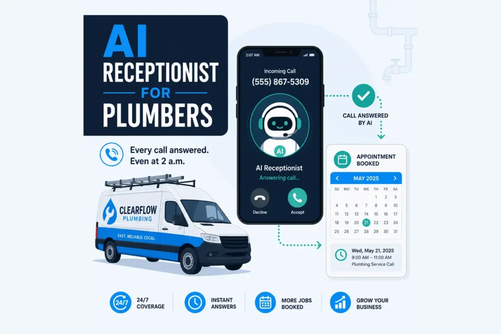 AI receptionist for plumbers answering a missed after-hours call and booking the job automatically
