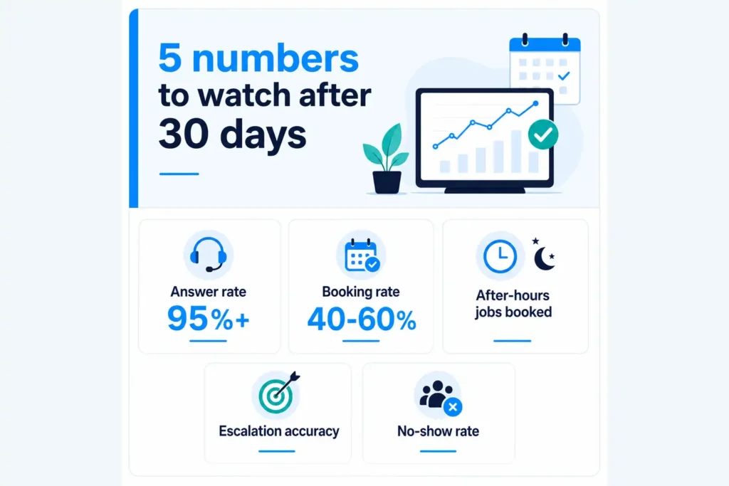 AI receptionist for plumbers metrics dashboard showing answer rate, booking rate, and after-hours jobs booked