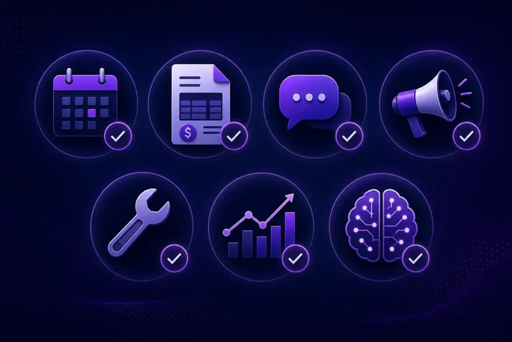 AI tools for service businesses comparison showing seven top platforms for scheduling invoicing communication and field management